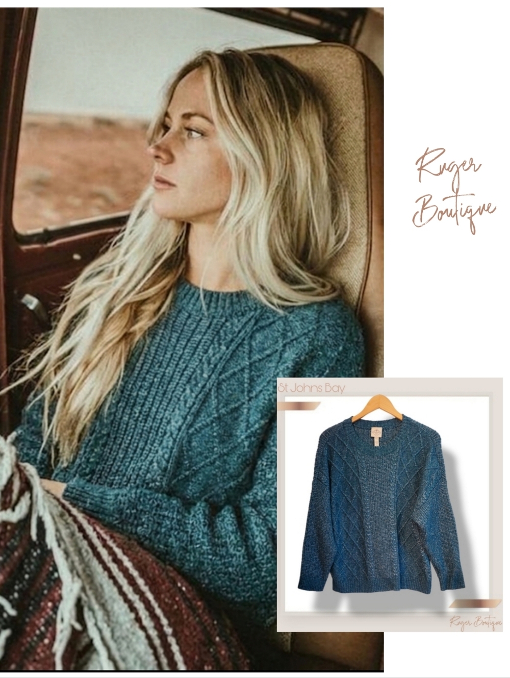 🌿St. John’s Bay Turquoise Cable Knit Sweater Women’s Petite XXL Oversized